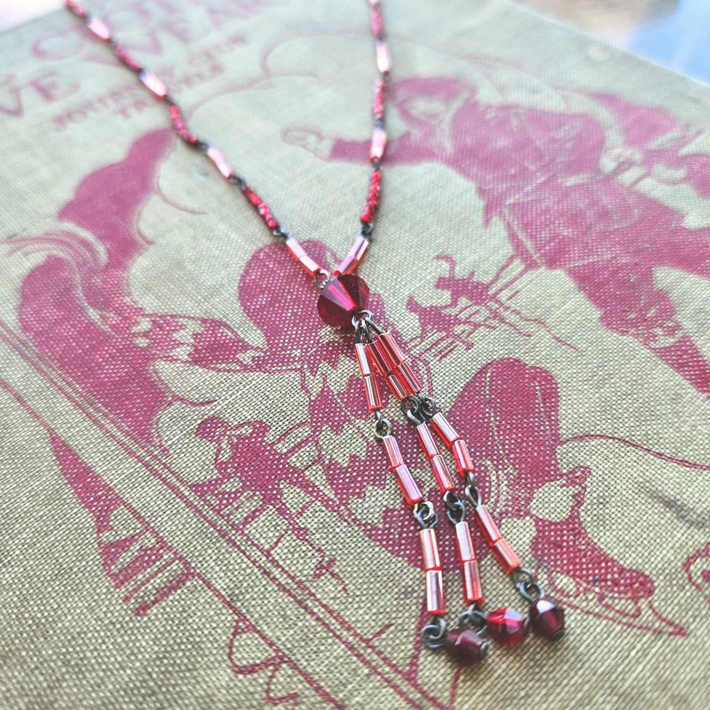 Baroni Y2K Red Glass Beaded Tassel Necklace Burnished Silver Tone Y-Necklace